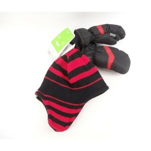Kids Winter Hat & Ski Mittens Hot Paws Brand Cold Weather Gloves Red Black